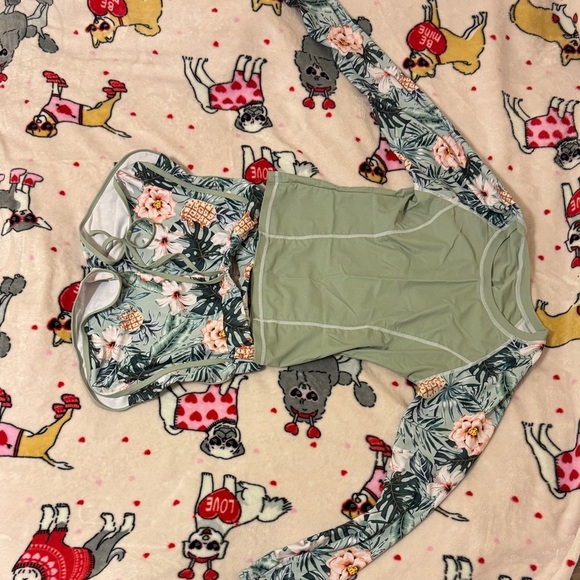 SHEIN Other - SHEIN Olive and Floral Long Sleeve Swim Bodysuit